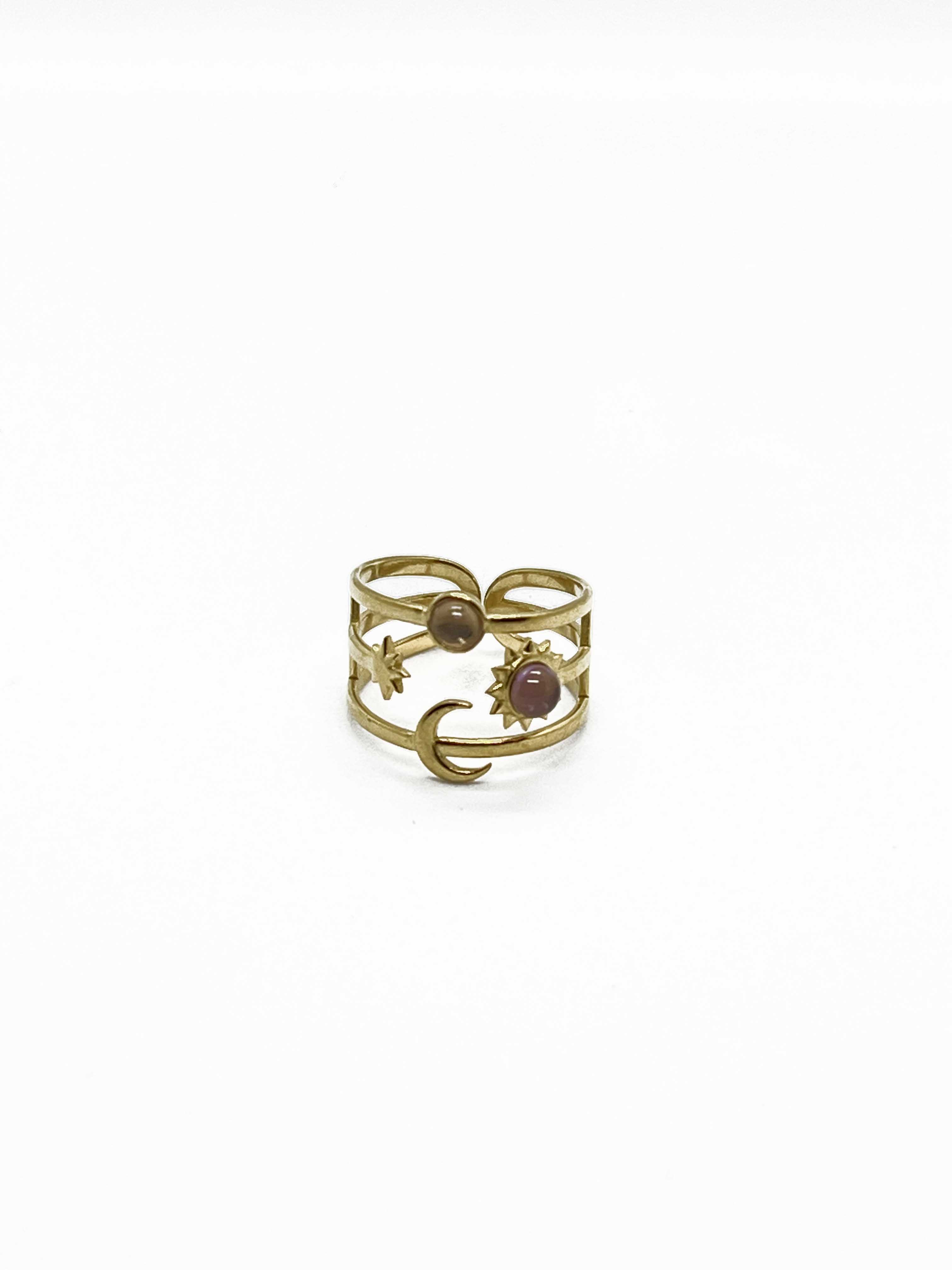 Sun Star Moon Adjustable Ring with Resin Inlay – Gold Plated